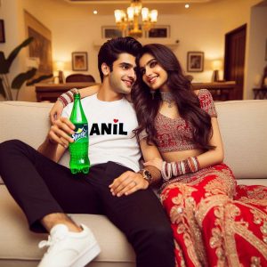 Charming 18-Year-Old Indian Couple Sharing a Sprite on Sofa | Ultra High-Quality 16K Image