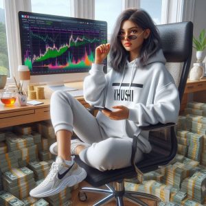 Hyperrealistic 4K Portrait of a Cute 21-Year-Old Indian Girl in Home Office with Cash and Financial Market Graph