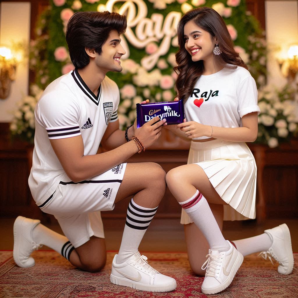 boy gifting a chocolate his girl friends like proposing