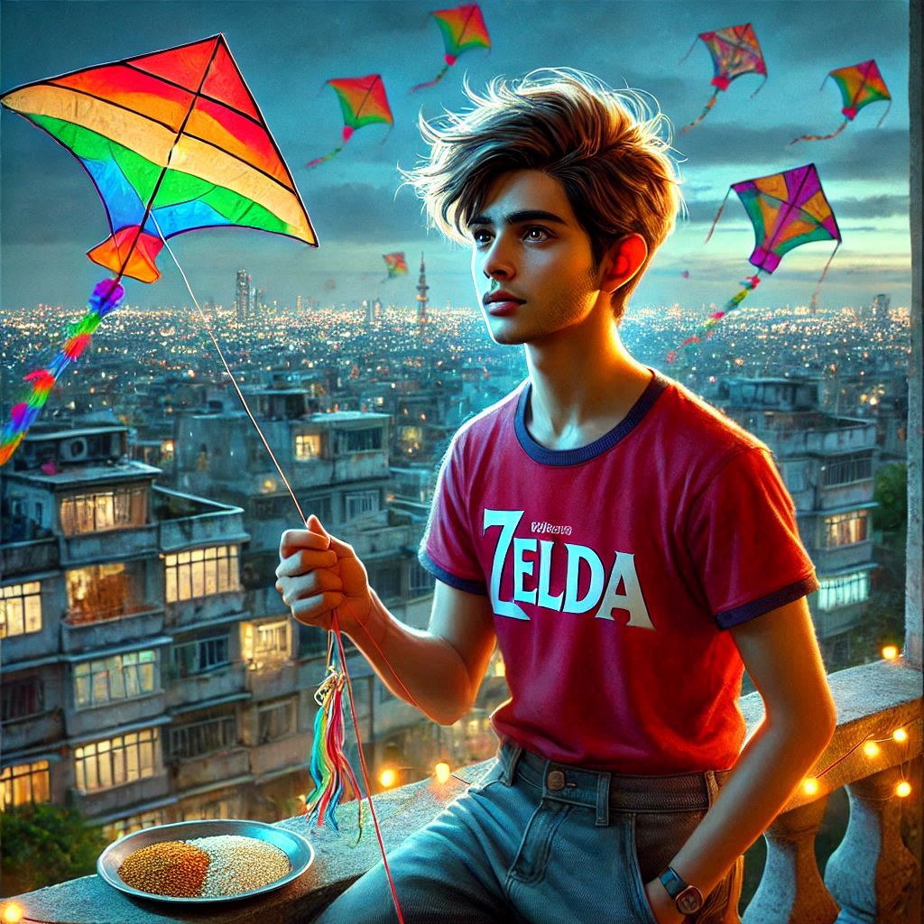 a boy is flying kite on makar sankranti festival text prompt