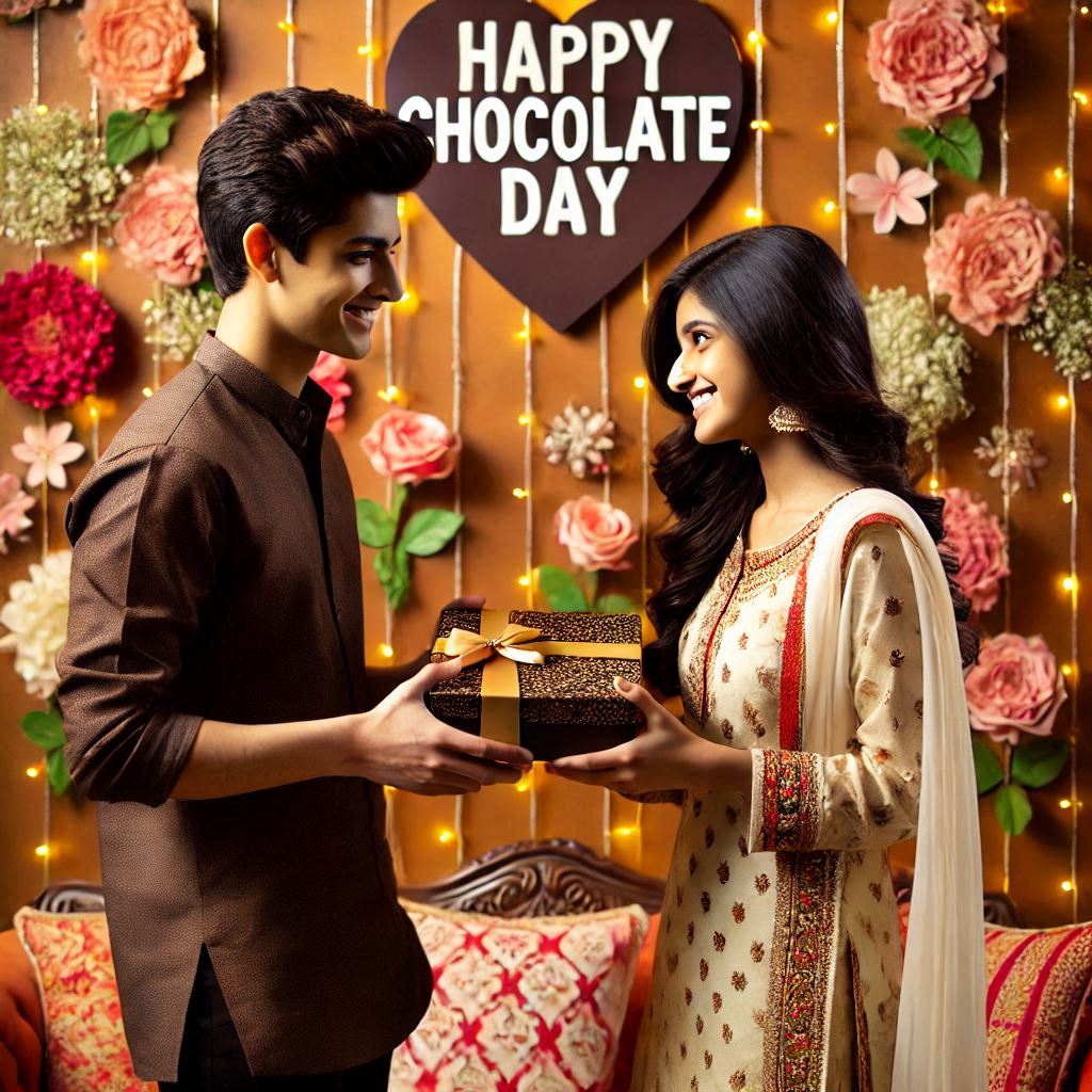 couple are gifting chocolate in chocolate day