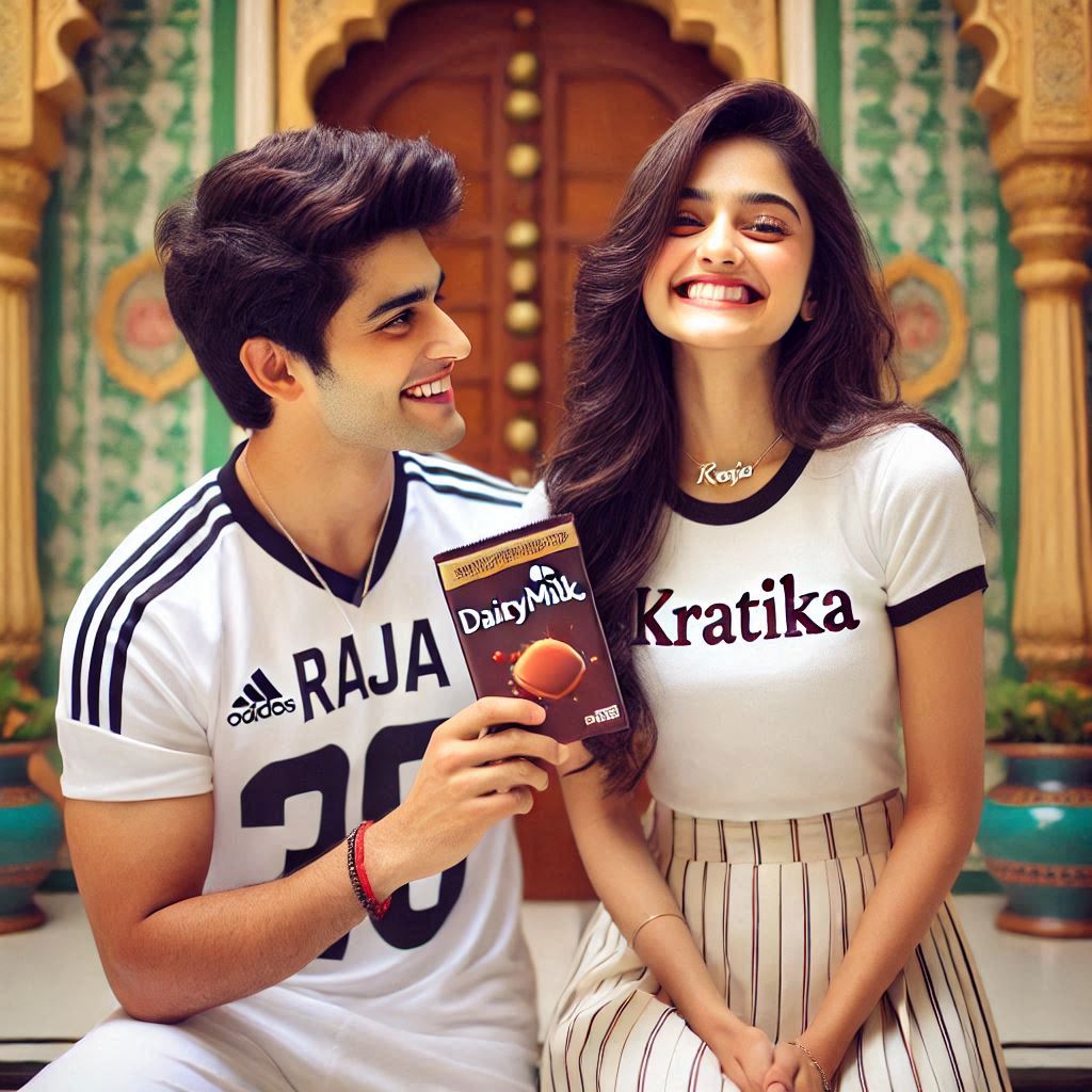 couple celebrating chocolate day with wearing t-shirt name