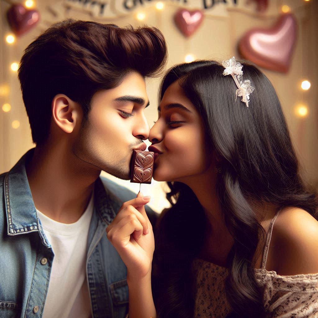 chocolate day ai photo couple kissing in one chocolate