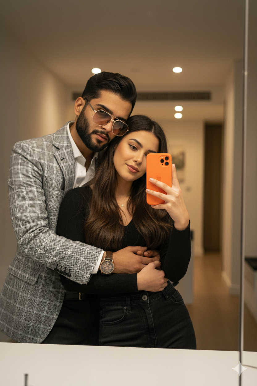 boy taking selfi on i phone 17 pro max with ai girlfriend hugging