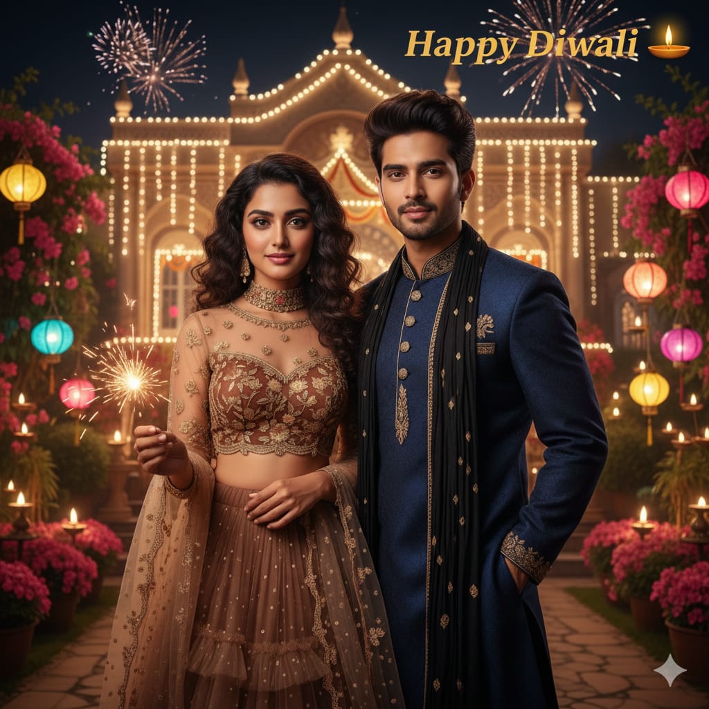 a young couple are standing in front of a decorate with light and diya house. Girl is holding in a hand a fuljhari.