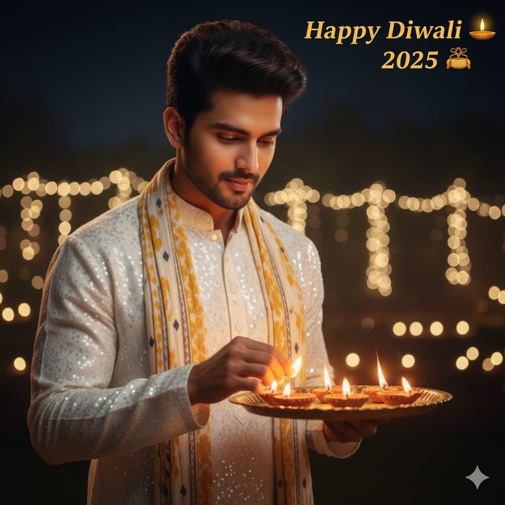 Young man in a white kurta and red stole lights diyas arranged on a table during Diwali, holding a brass thali, with warm fairy lights in the night background.