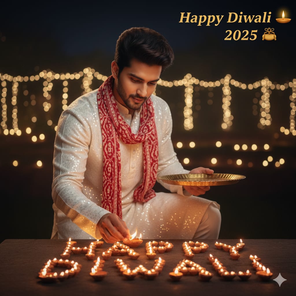 Young man in a white kurta and red stole lights diyas arranged on a table during Diwali, holding a brass thali, with warm fairy lights in the night background. Happy Diwali Written with Diya.