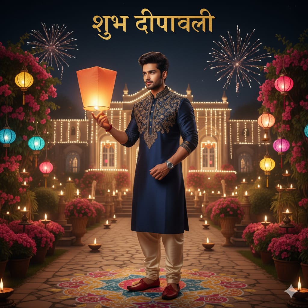 a man is wearing blue adorn kurta and holding a parasuitr in right hand. and backgroun is full of diya and lighing and a house decorate with light in diwali festival.