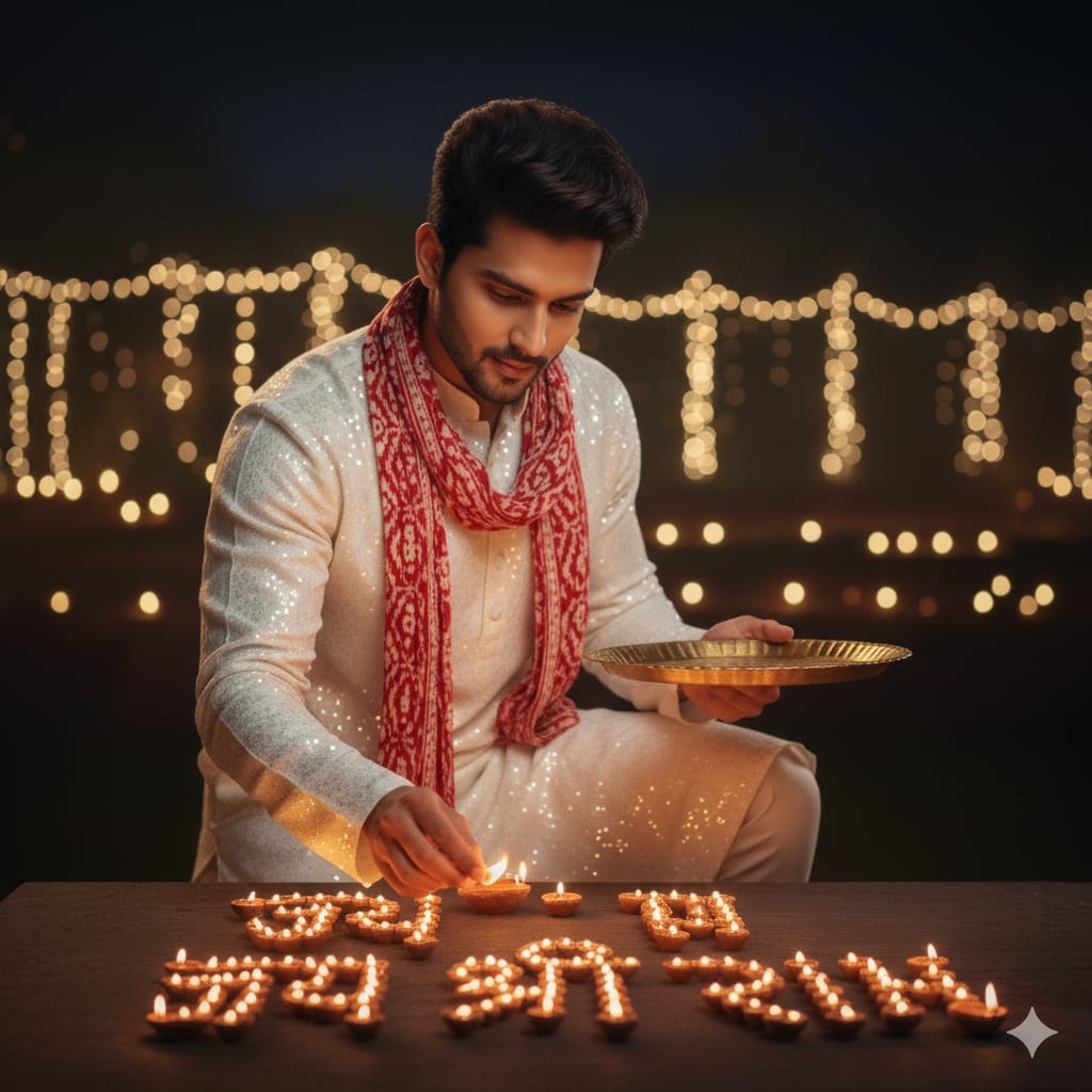Young man in a white kurta and red stole lights diyas arranged on a table during Diwali, holding a brass thali, with warm fairy lights in the night background. Jay shree Ram Written With Diya.