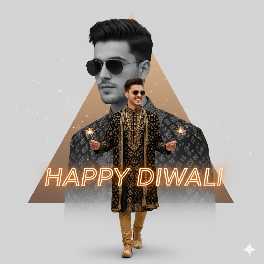 A man is holding sparkal in boath hand and wearing kurta and payjama. background is full os same image in black and white with red and white trangel gradient.