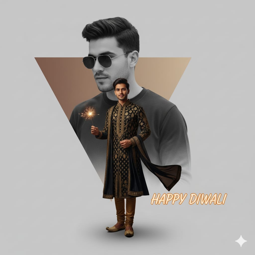 a young man is holding fuljhari in hand and background image is origanl white and black image in center od trangle gradient and clearly written text Happy diwali.