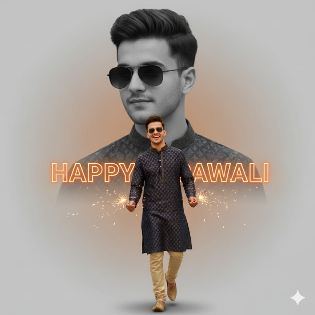 A man is holding sparkal in boath hand and wearing kurta and payjama. background is full os same image in black and white with red and white circle gradient.