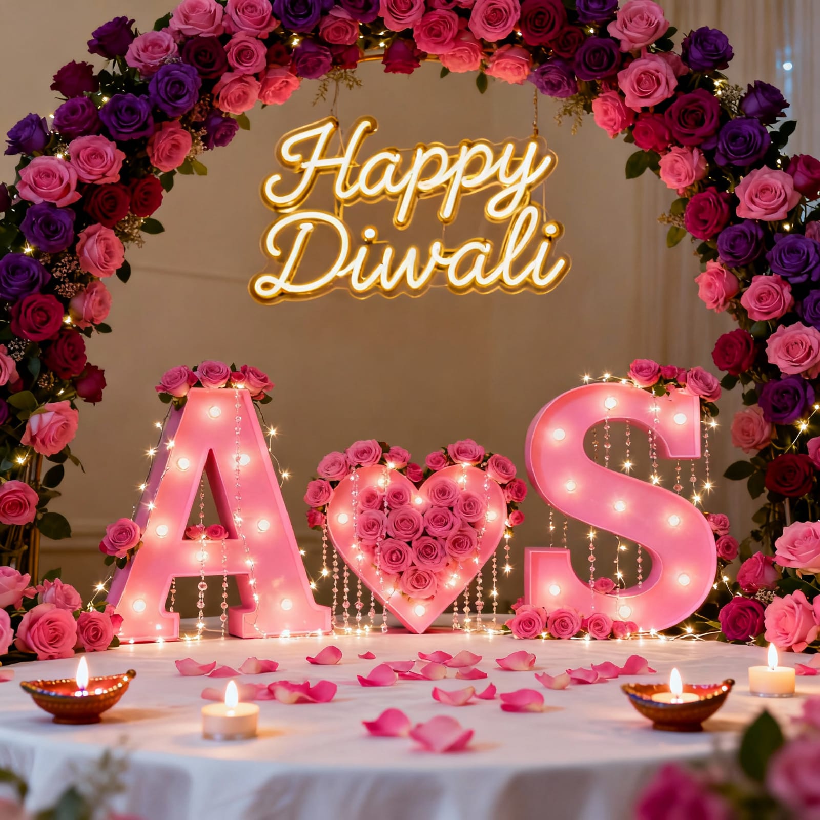 happy diwali 3d letter name A&s. Full decorate with light and flowers.