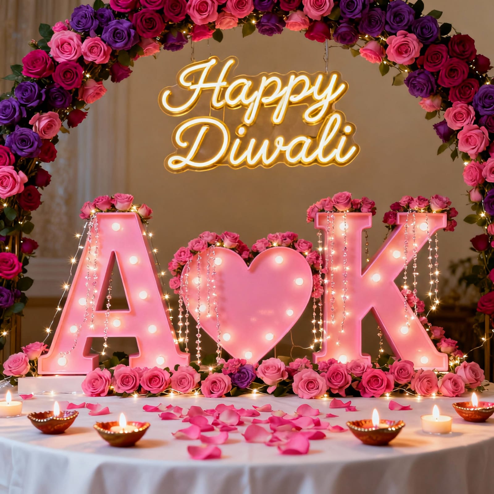 3D leter "A&K" like standing on a decorate table. table is decorate with diya and lighting with rose.