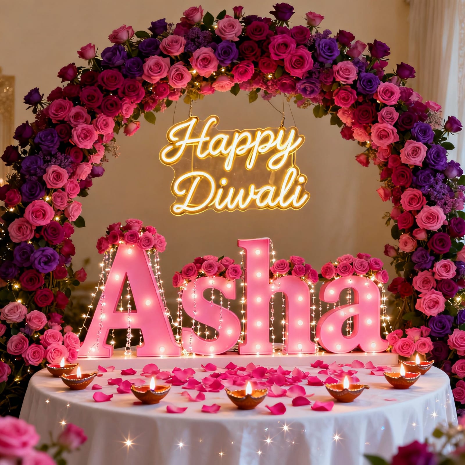 name "ASHA" is written in 3D text style and background is full of decorate with flower and lighting