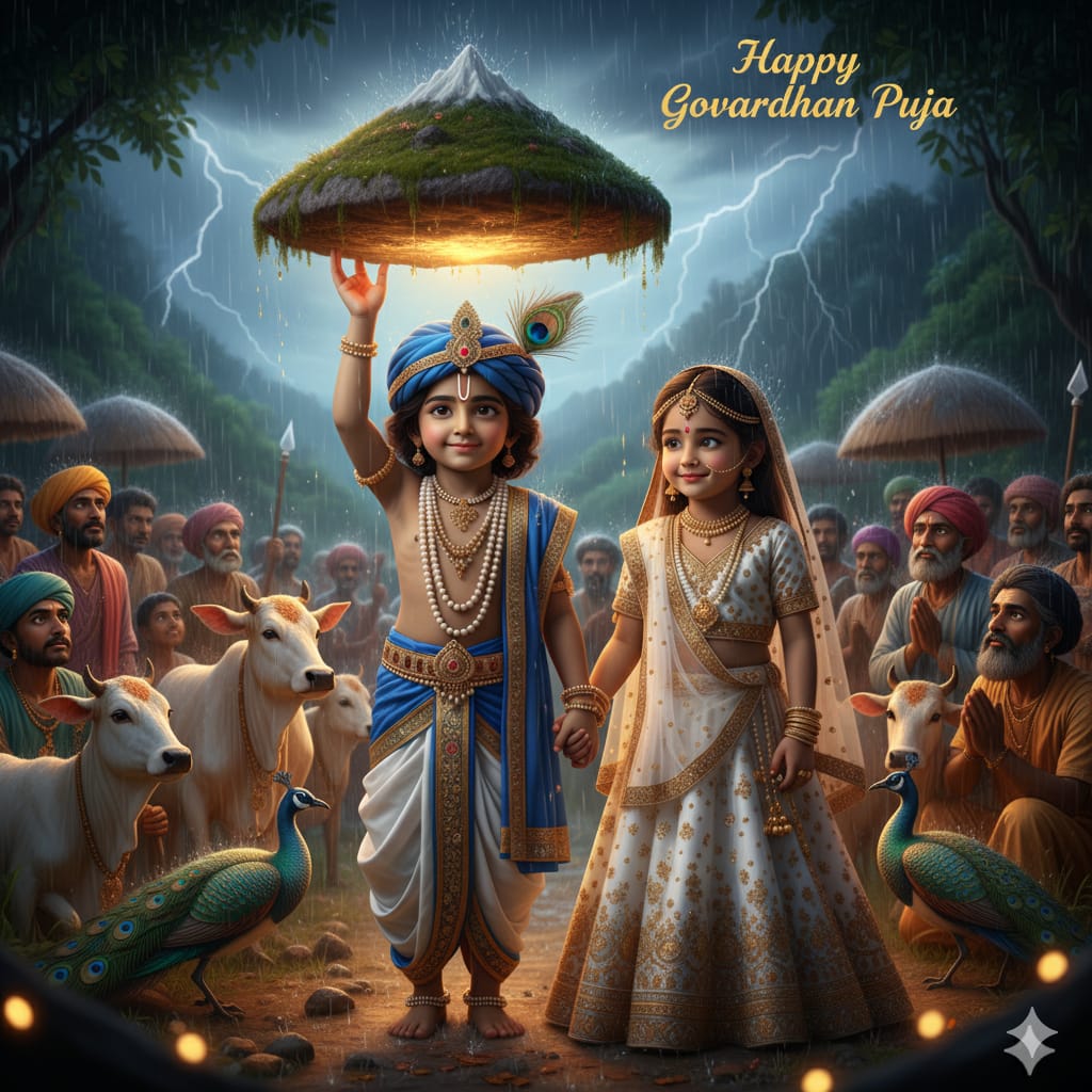 a couple are standing in a hill couple are like Krishna and Radha standing in center and some devotee are gathering there. lord krishna lifting Govardhan mountain in little finger and all of under the Govardhan hills.