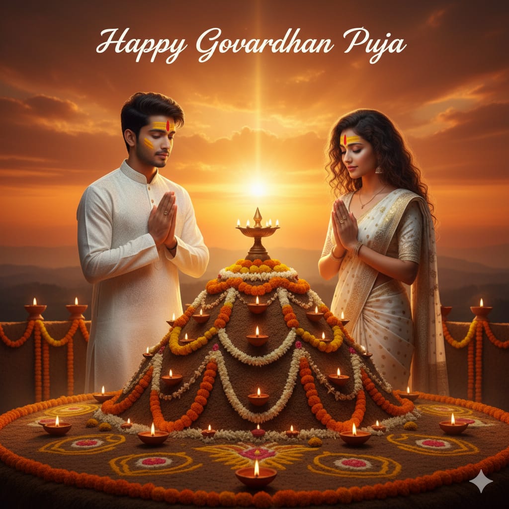a young couple are worship a govardhan mountan. boy is wearing white kurta and payajama and girls is wearing white and gold saree.