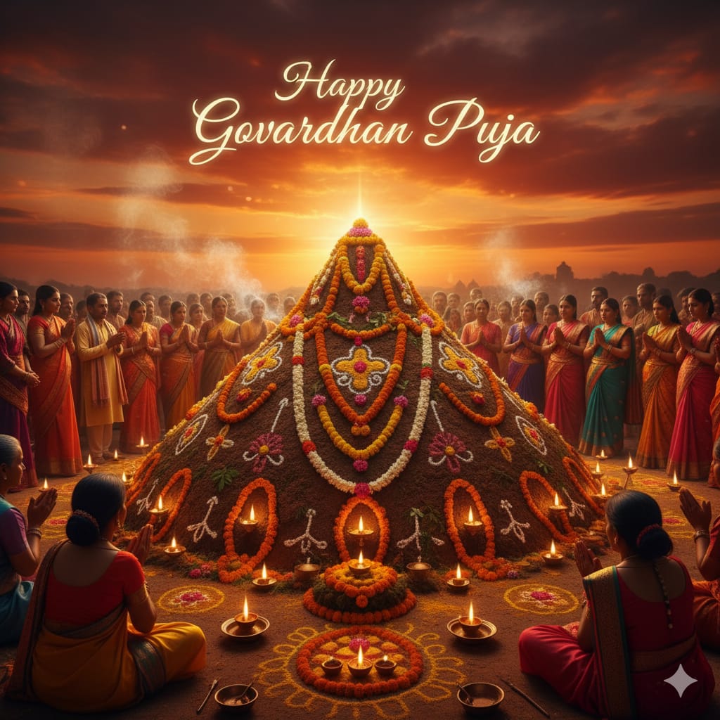 a group of people celebrate govardhan pooja.