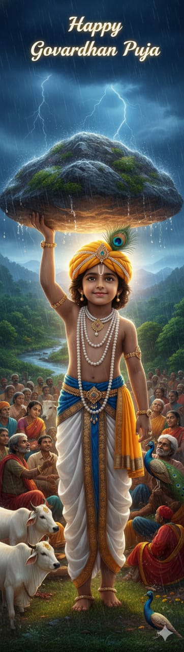 lord Krishna lifting Govardhan Mountain on his little finger. and wearing blue dhoti with pearls neckless and pagadi with pecock feather.
