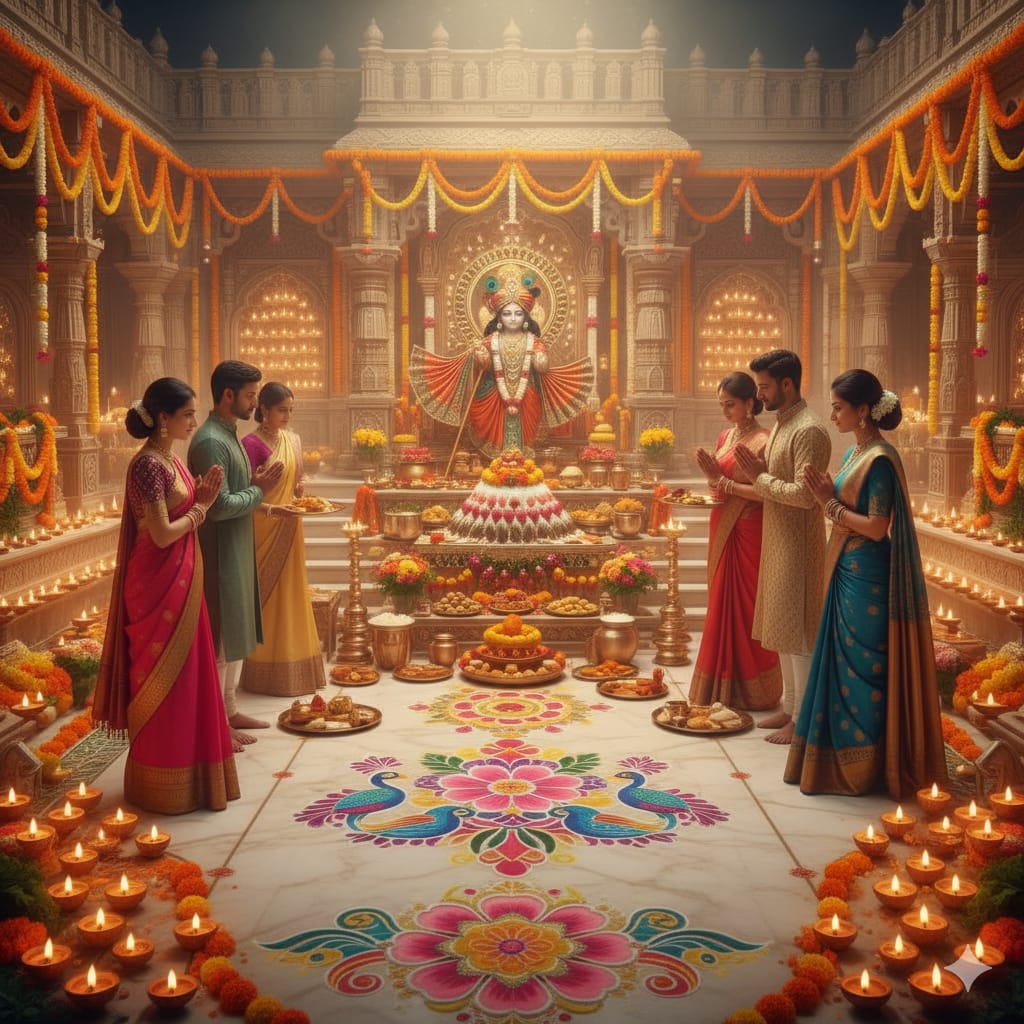 a group of people worship lord krishna in a old temple. temple is decorate with flower ad diya.