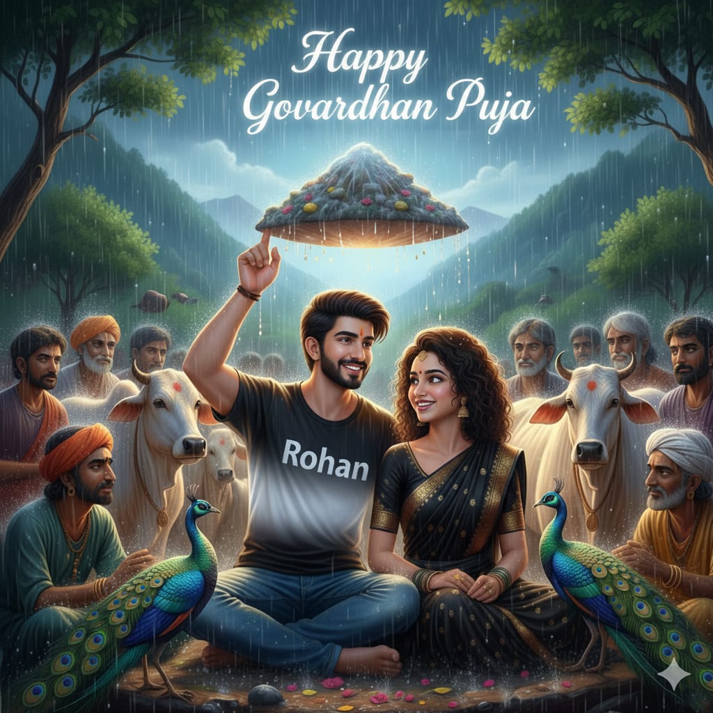 a boy is lifting Govardhan hills and his girlfriends under the hills boath are seeing chearfully.