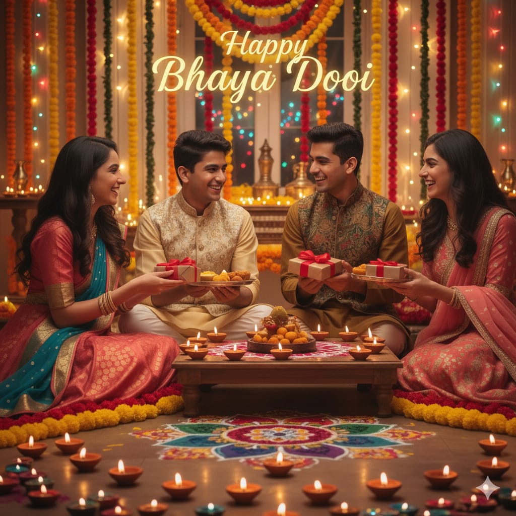 brother and sister sitting on flor and celebrate bhai dooj.