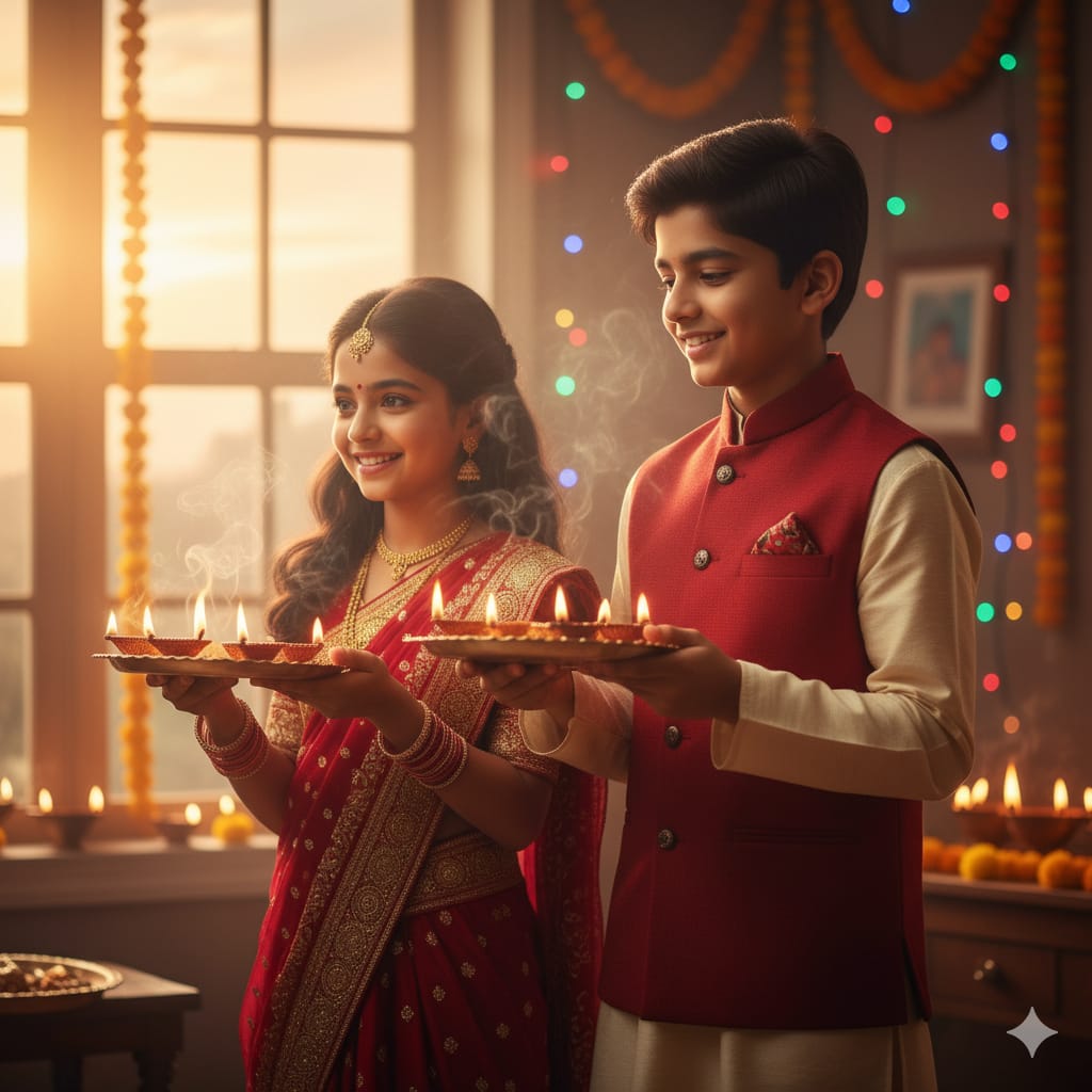 a couple holding diya thali and worship on bhai dooj festival.