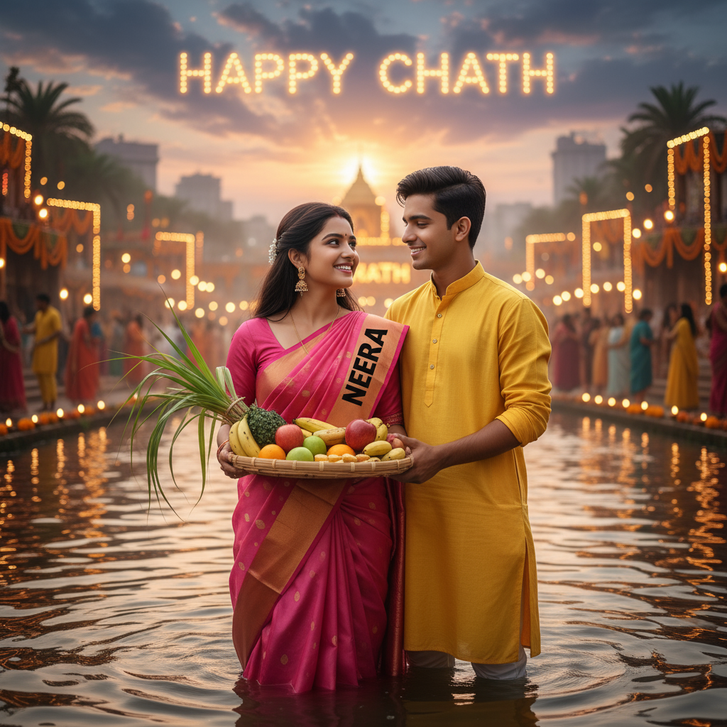 couple are standing on a river and celebrate chhath pooja festival
