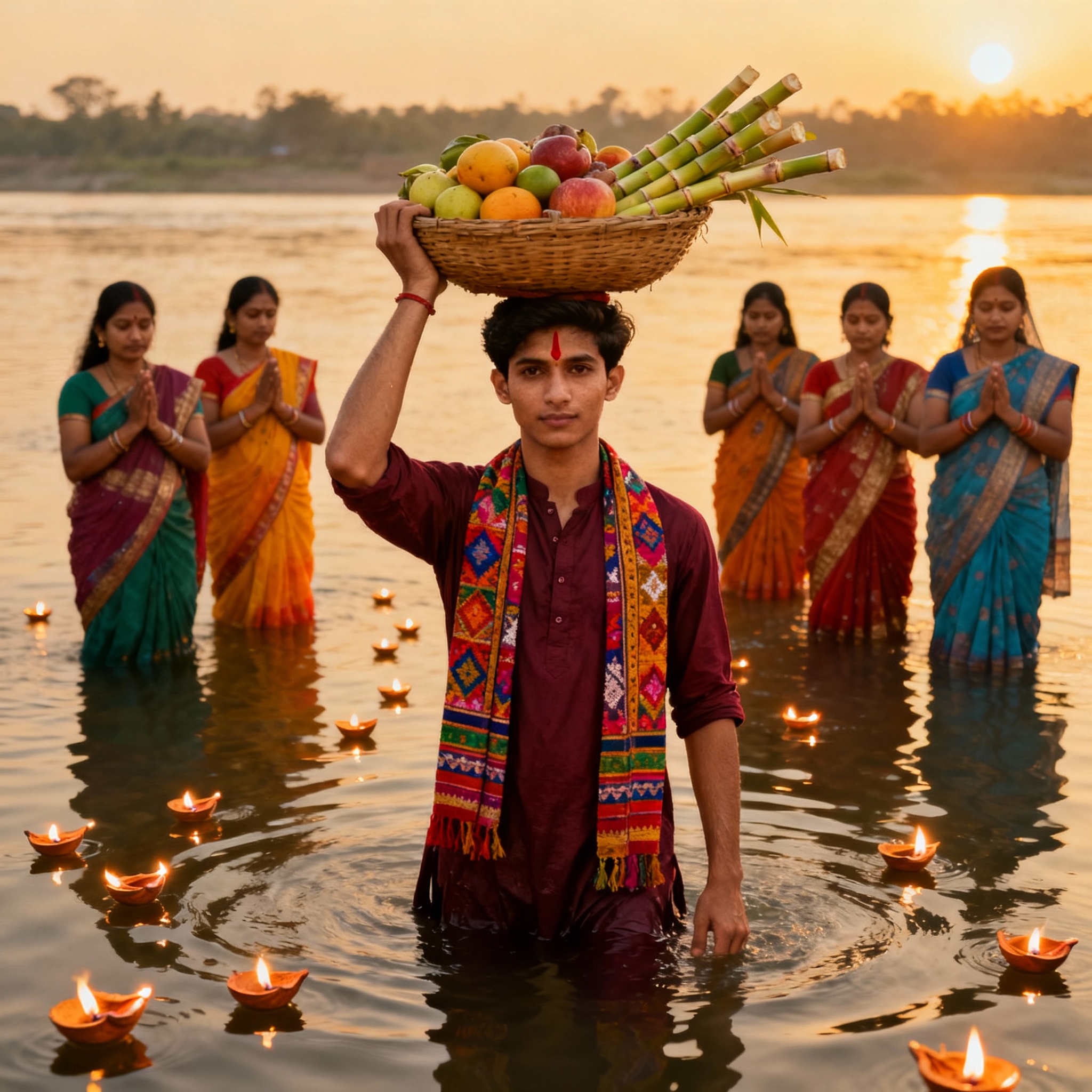 a boy is standing in the river and celebrate Chhath.