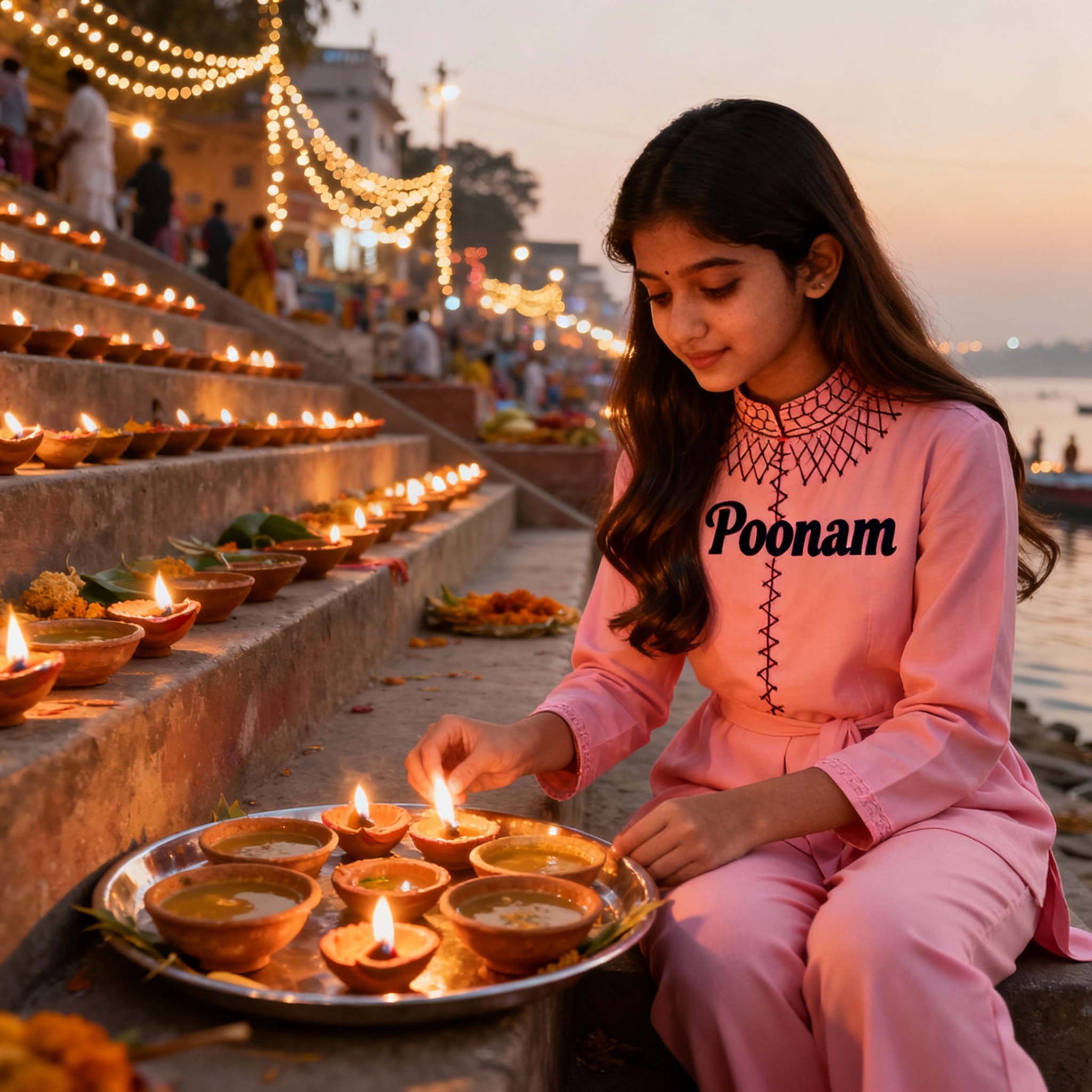 a girl celebrating chhath pooja in evening with lamp