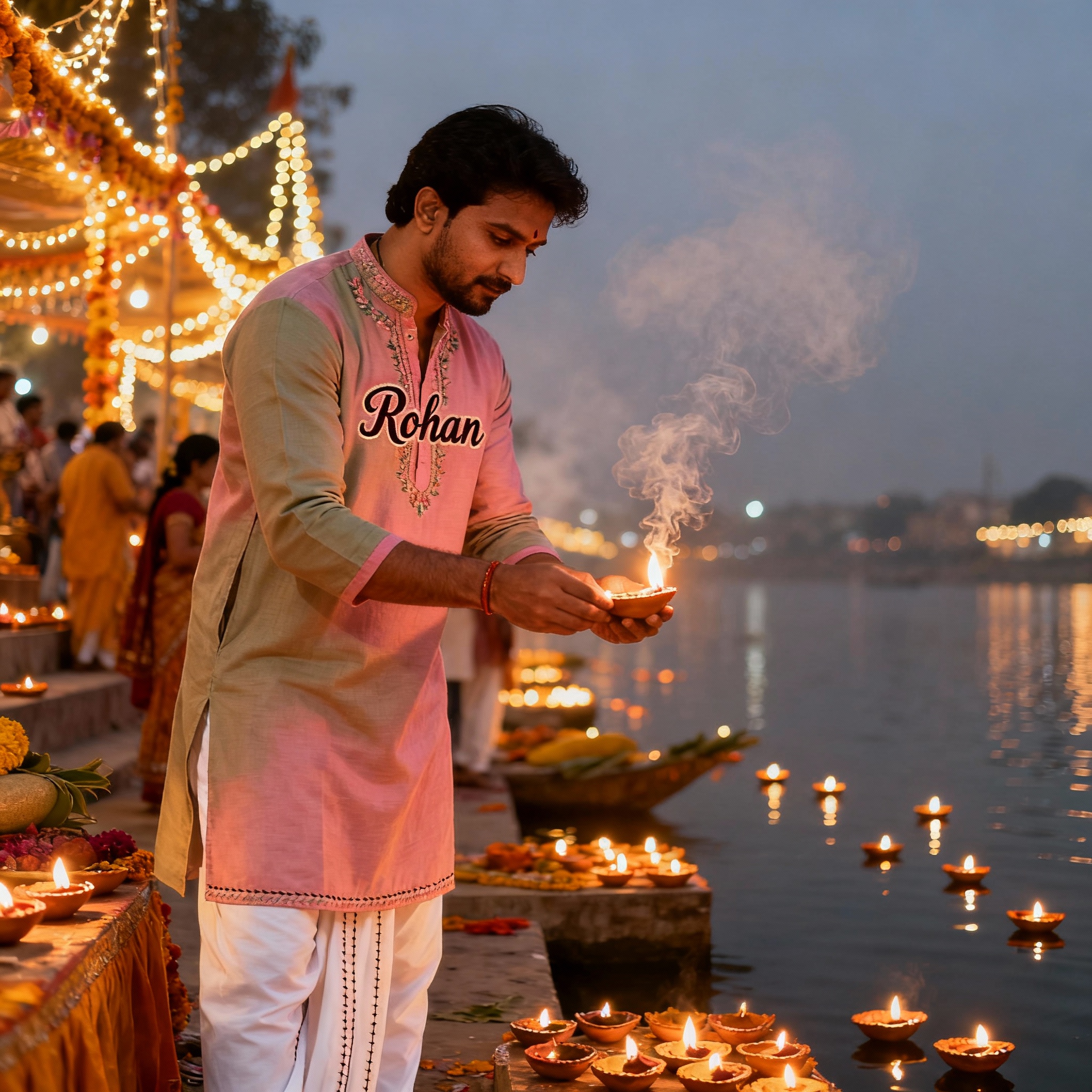 young boy celebrate chhath pooja in evening with lamp