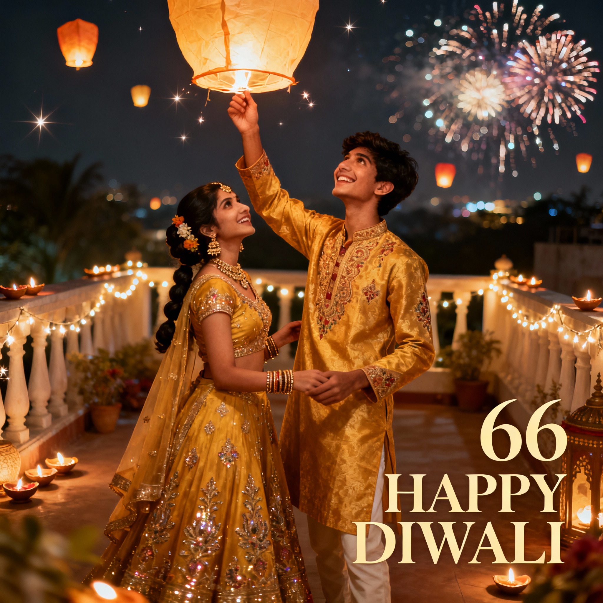 couple flying parasuite in diwali photo prompt