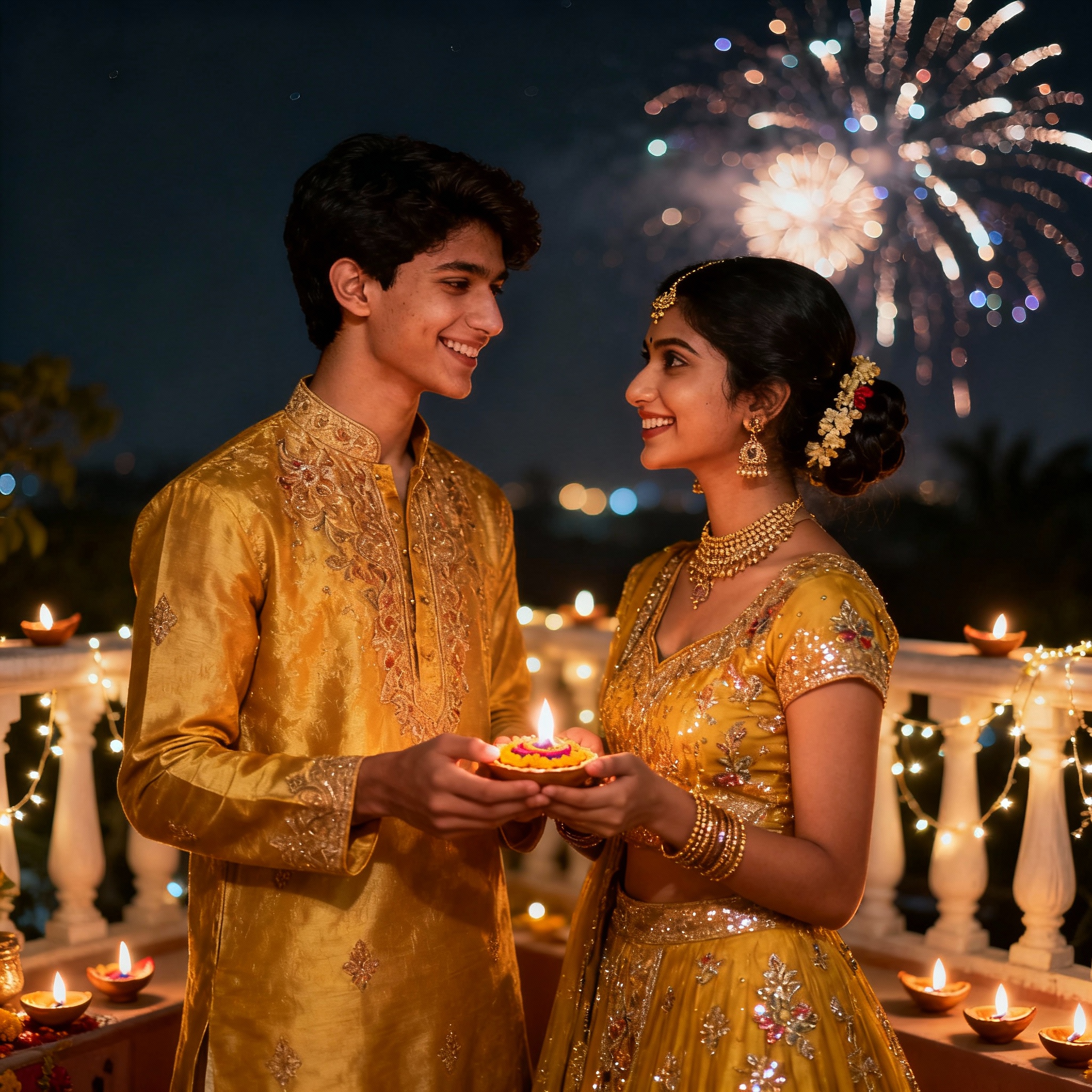 cute couple celebrate diwali in rooftop
