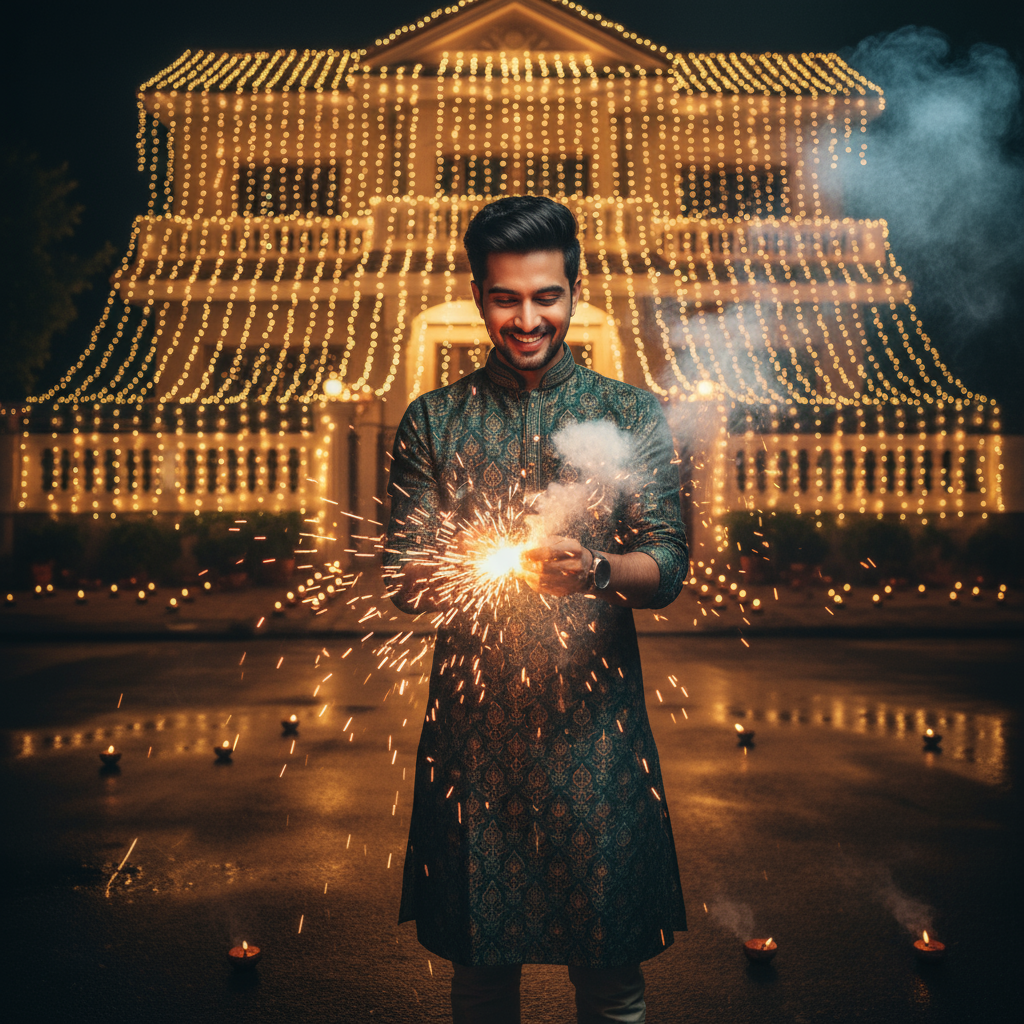 a house is decorate with lighting in background ai photo edit