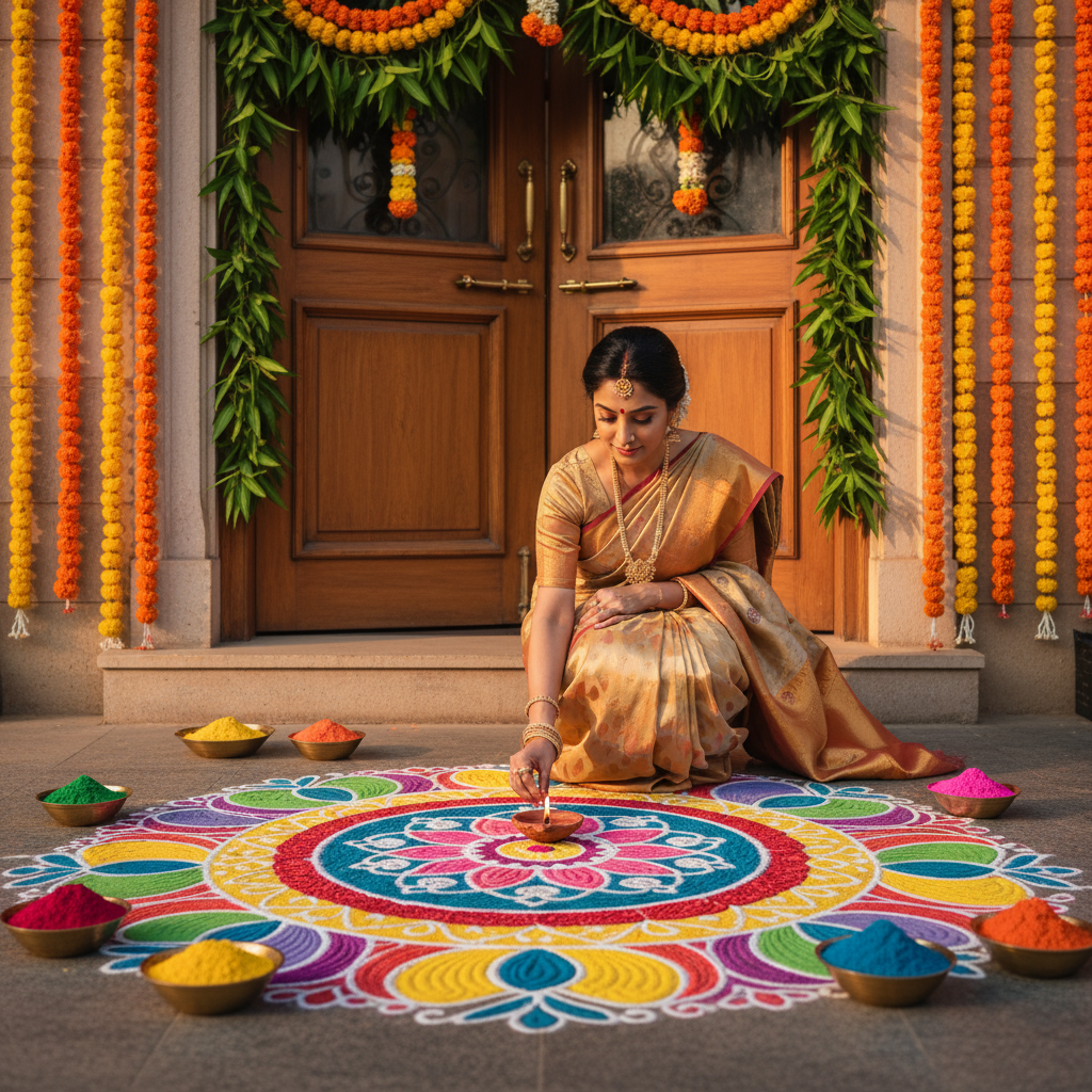 a young womwn is create a rangoli on his infront of house door.