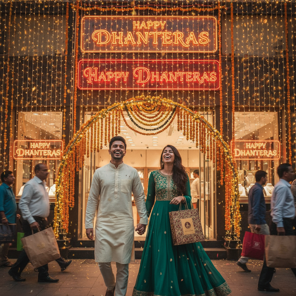 a couple are shoping in Dhanteras and clearly written Happy Dhanteras and decorate with light