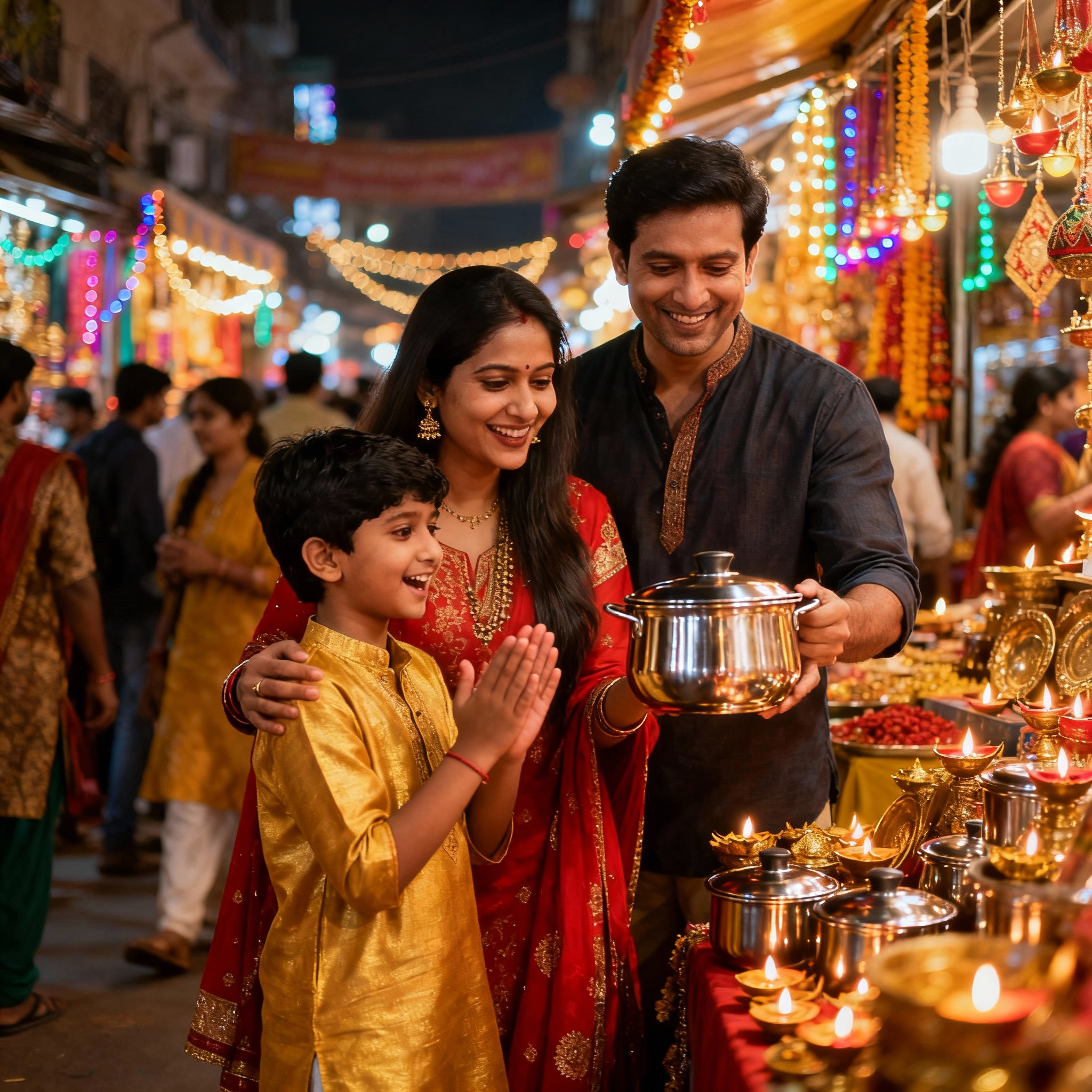 a family is going market in Dhanteras festival an buying some new pot and gold.