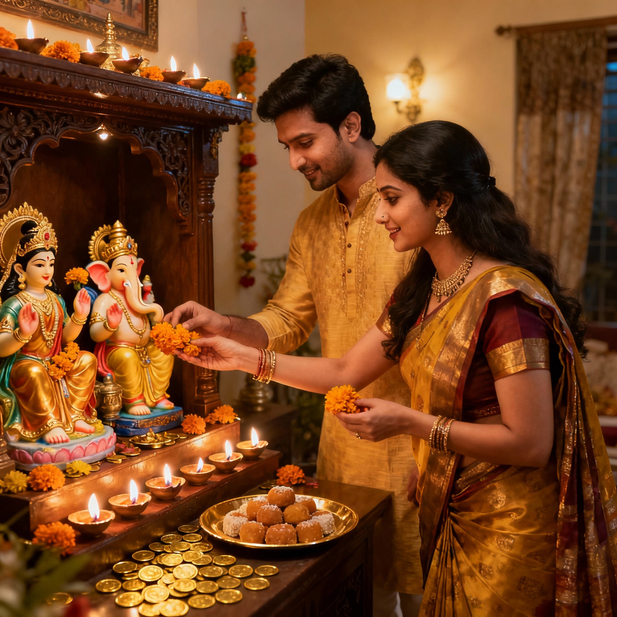 a couple are worship lord Ganesh and Maa Laxmi on Dhanteras Festival