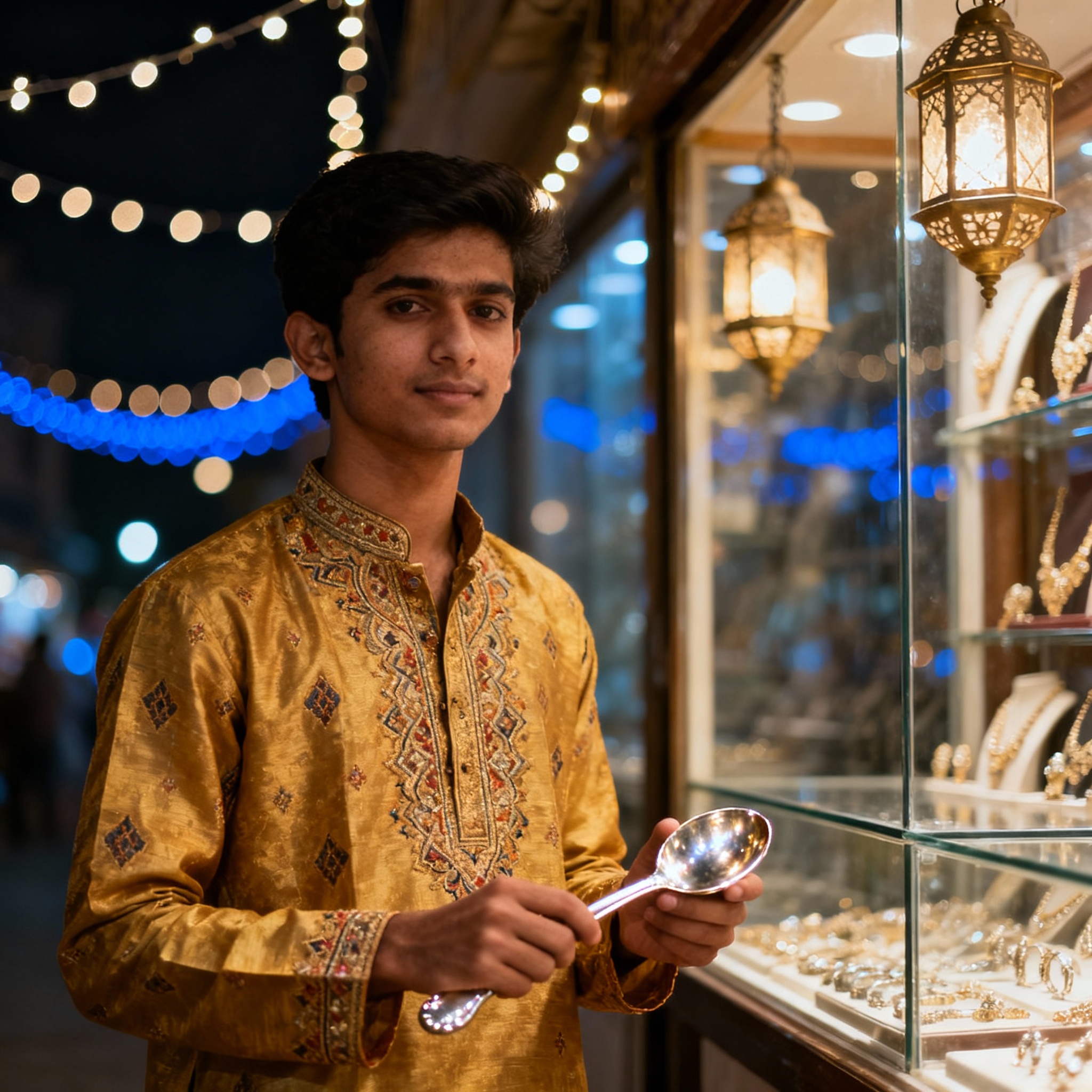 a boy is buying a spoon in dhanteras.