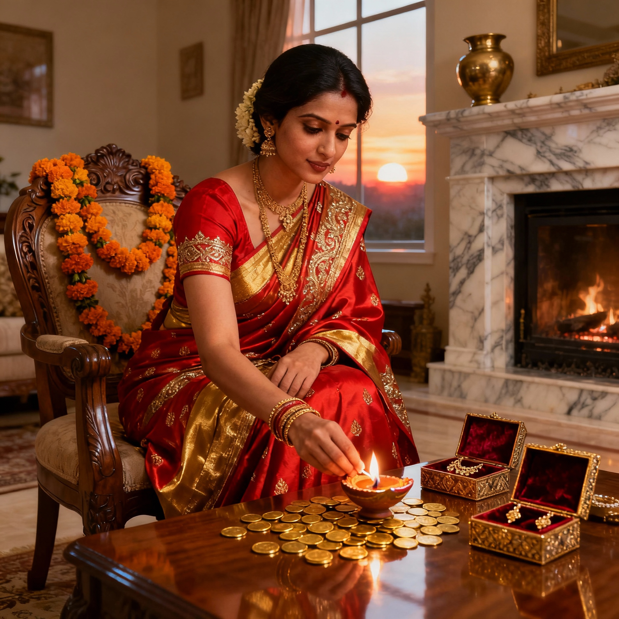 a women is sitting in a chair and worship a gold and maa laxmi.