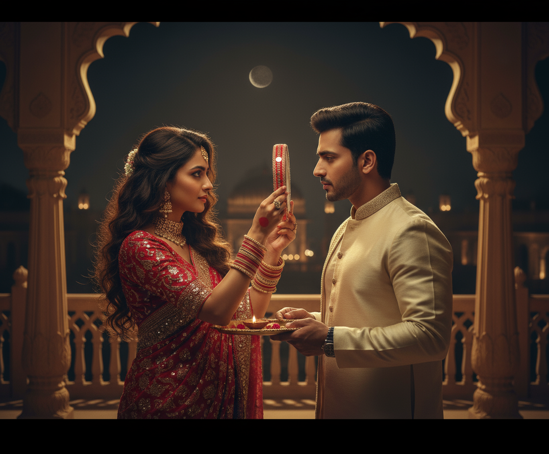wife seeing her husband face with the help of chalni (seive)