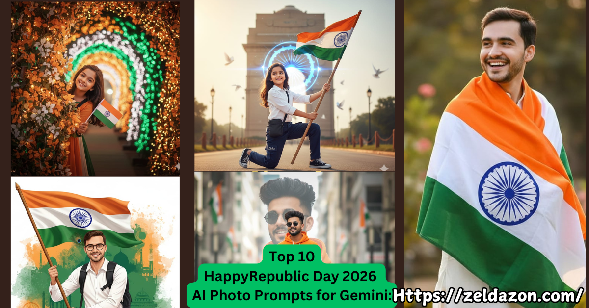 Vibrant Republic Day 2026 tricolor flag waving with AI-edited Indian soldiers saluting and Ashoka Chakra in the background created using Gemini AI photo editing prompts
