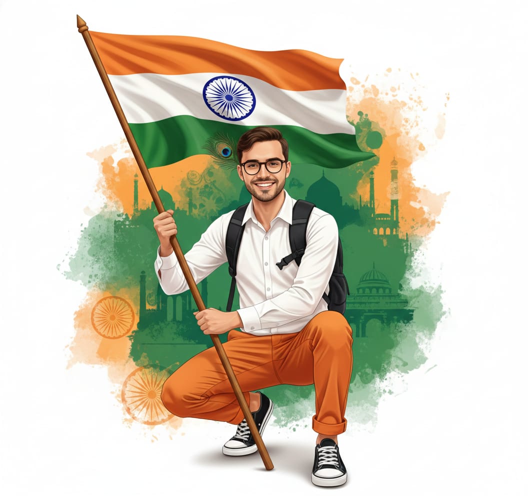 a man is holdin tiranga and background is full of fusion of tiranga color