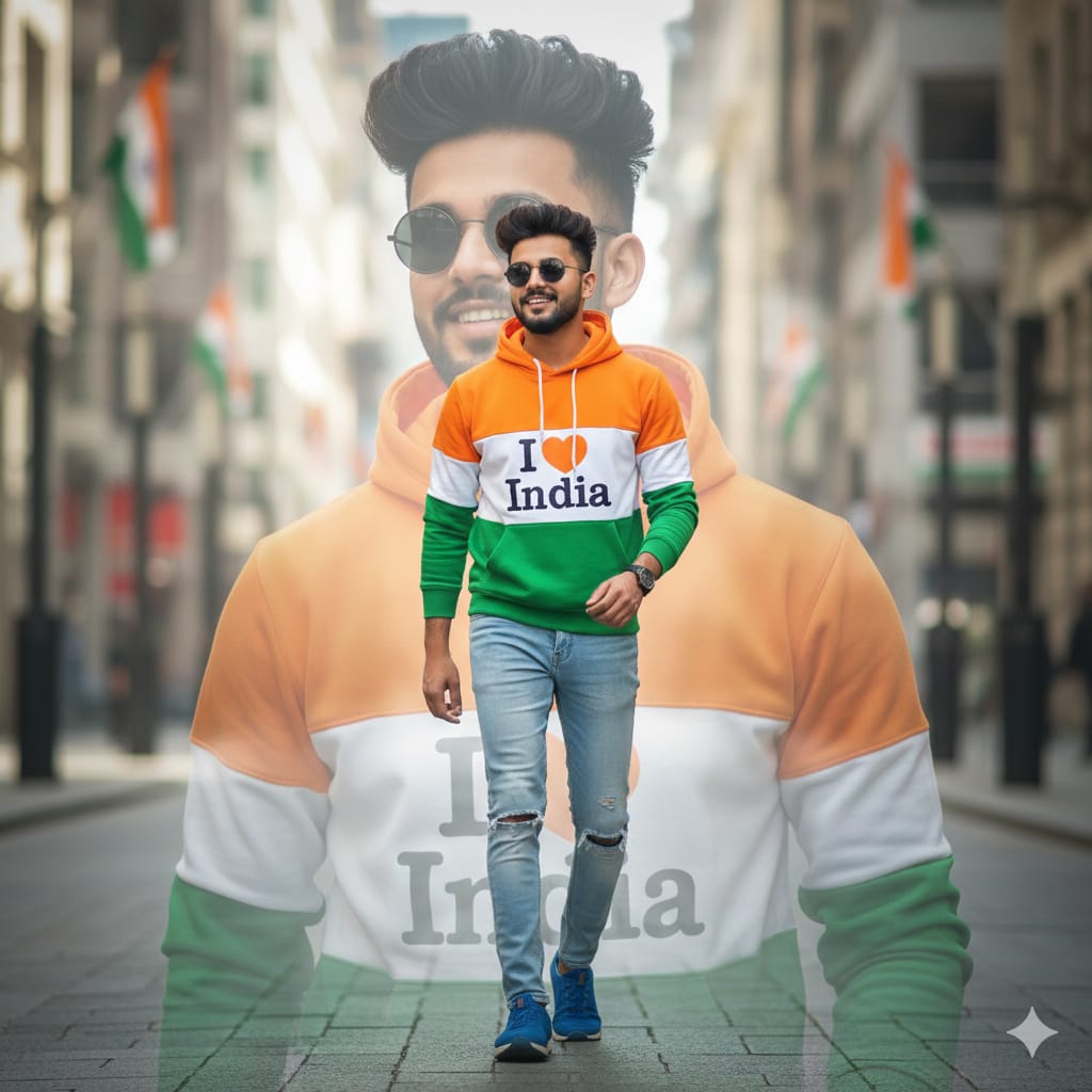 a Young man walk on a road wearing a hoodi with ndian flag color photo prompts
