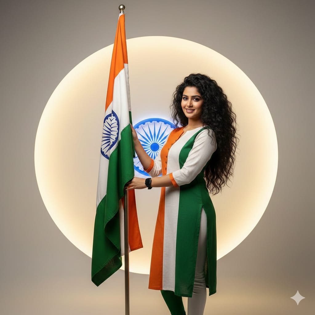 a young girl is standing with holding tiranga and wearint tiranga color kurti