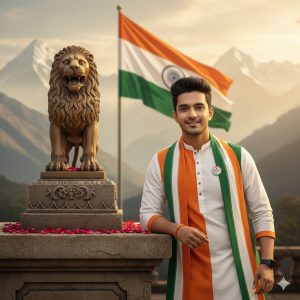 a young boy standing wit leaning indian flag background is with ashok stambh and indian flag