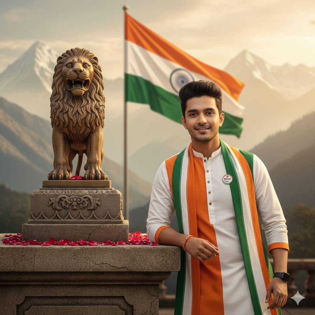 a young boy standing wit leaning indian flag background is with ashok stambh and indian flag