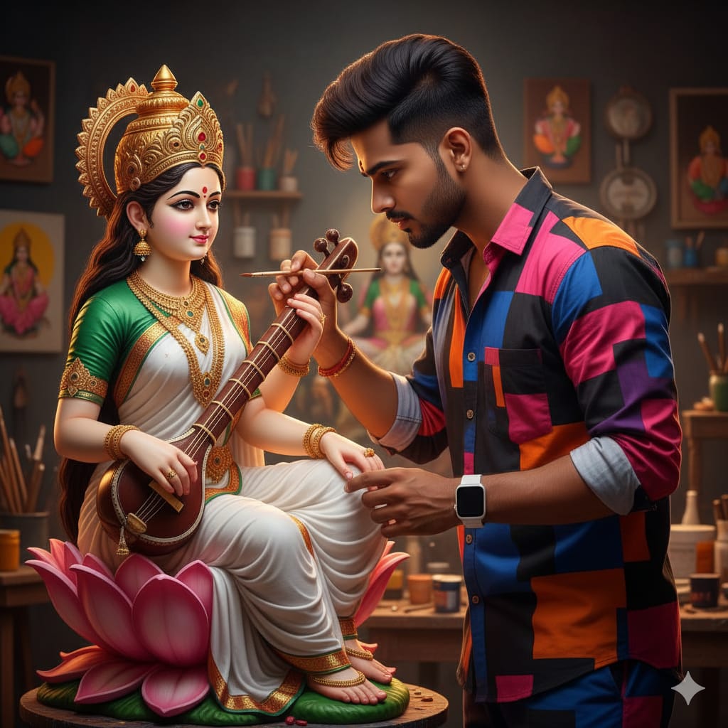 a boy is penting a bharat mata ai photo prompts