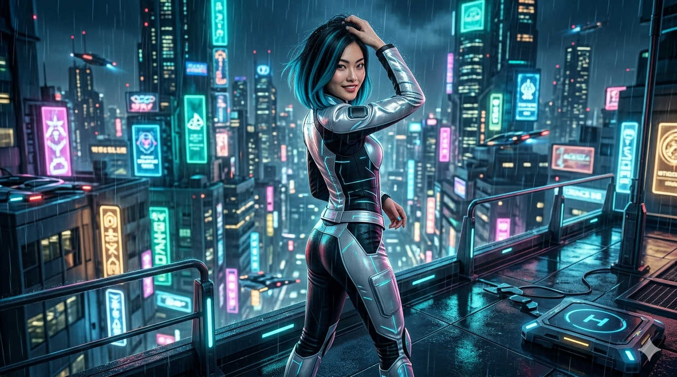 Full-body shot of Anya with consistent teal-blue hair streaks, standing on a neon-lit Tokyo rooftop at night during light rain, looking over her shoulder in a futuristic silver suit.