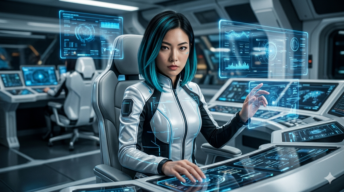 A high-tech portrait of Anya, a young Japanese woman with teal-blue streaked black hair, wearing a silver and white tactical jacket, operating holographic displays in a futuristic control room.